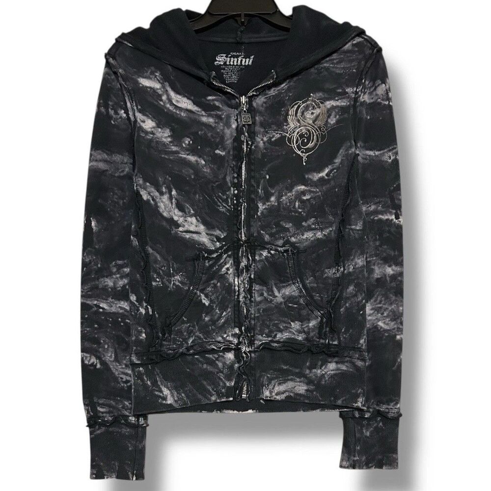 Sinful By Affliction S Grunge Black Jacket Hoodie Rhinestone Skull Wings Y2K - Picture 5 of 15